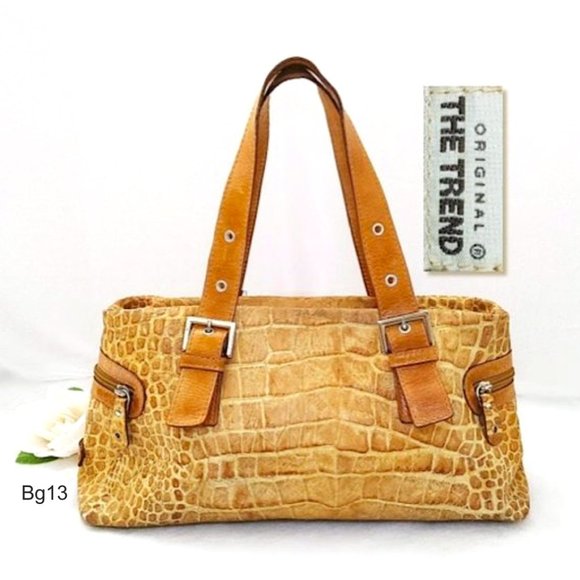 THE TREND Genuine Leather Croc Embossed Carryall Bag Mustard Silver Zip Pockets - Picture 1 of 14